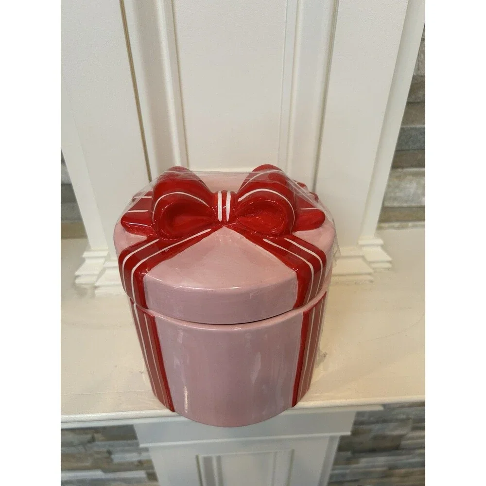 Ashland Berry Jolly Christmas Ceramic Canister With Lid Pink Red Striped 6x6”